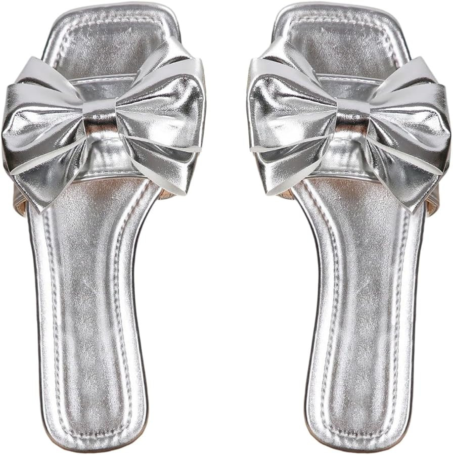Verdusa Women's Metallic Bowknot Dressy Sandals Square Toe Slip on Slippers | Amazon (US)