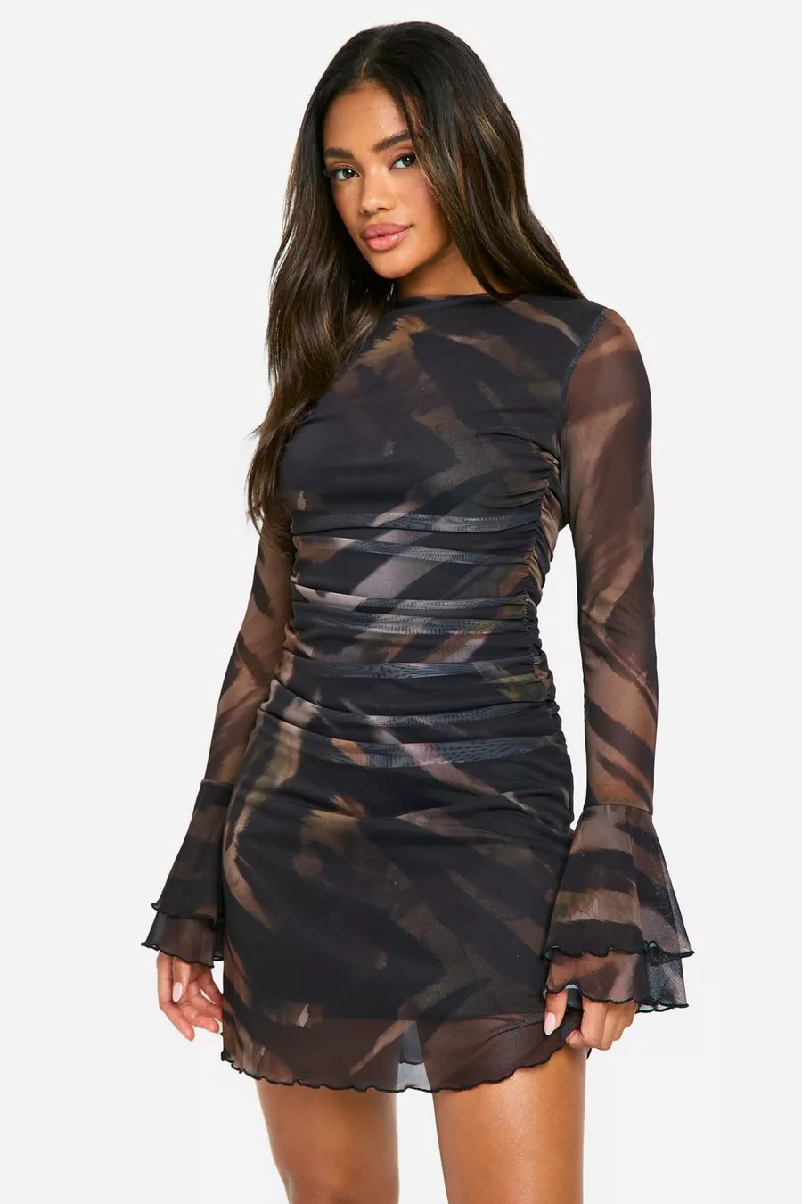 Printed Mesh Flare Sleeve Mini Dress | Boohoo.com (UK & IE)