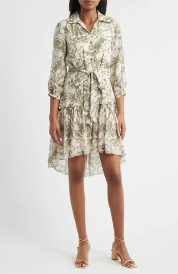Tahari ASL Print Tie Belt Shirtdress in Ivory Olive at Nordstrom Rack, Size 8 | Nordstrom Rack