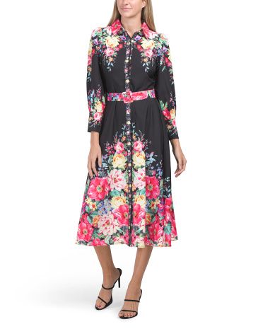 Long Sleeve Collared Floral Border Midi Dress | TJ Maxx