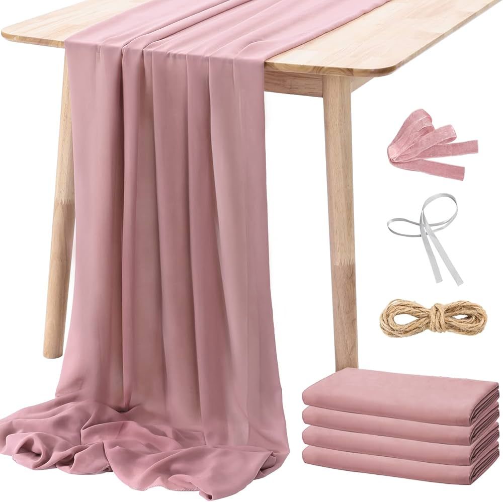 NETANY 4PCS Dusty Rose Chiffon Table Runner 29x120 Inches, Romantic Dusty Pink Sheer Fabric for W... | Amazon (US)