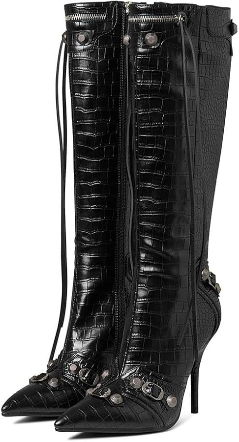 Oiamenne Knee High Boots for Women Fashion Slide Zipper Pointed Toe Stiletto Studded High Heel Ri... | Amazon (US)