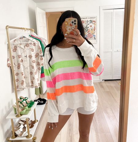Vibrant neon white crewneck pullover for summertime (wearing a medium) and white denim shorts (27)

#LTKstyletip #LTKFind #LTKunder50