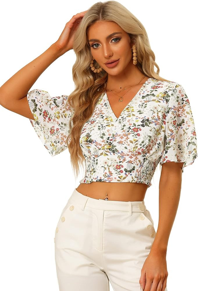 Allegra K Women's Floral Blouse Flare Short Sleeve V Neck 2025 Trendy Summer Smocked Crop Tops | Amazon (US)