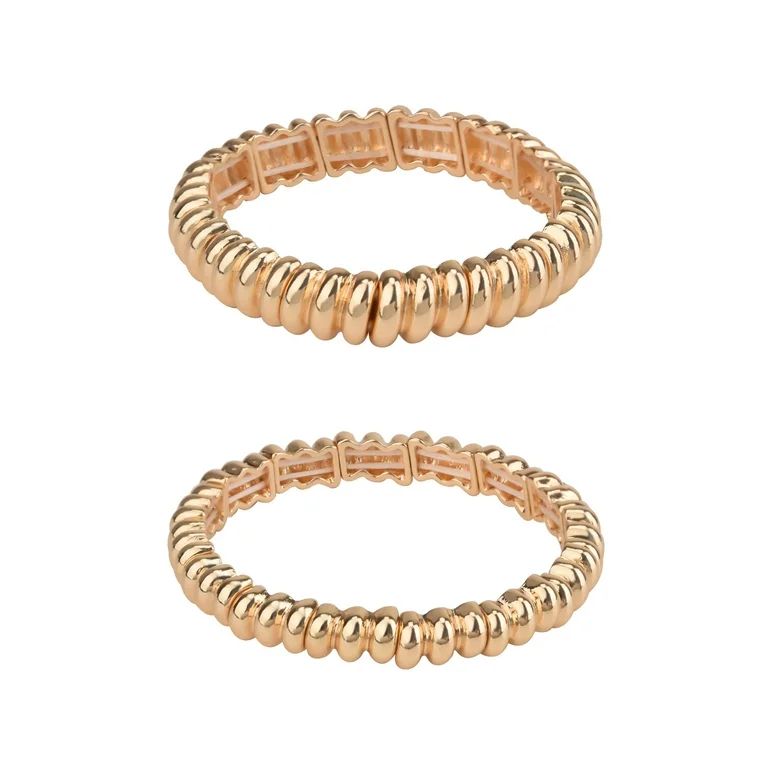 Time and Tru Women's Gold-Tone Textured Metal Stretch Bracelet Set, 2 Piece | Walmart (US)