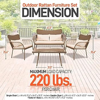 SereneLifeHome 4 Pcs. Patio Outdoor Rattan Furniture Set-Includes 1 Double 2 Single Chairs with S... | Amazon (US)