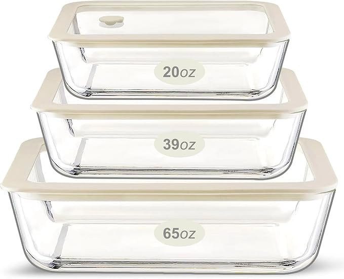 Glass Food Container Set with Glass Lid, 3 Pack, Meal Prep Containers with Silicone Framed Airtig... | Amazon (US)