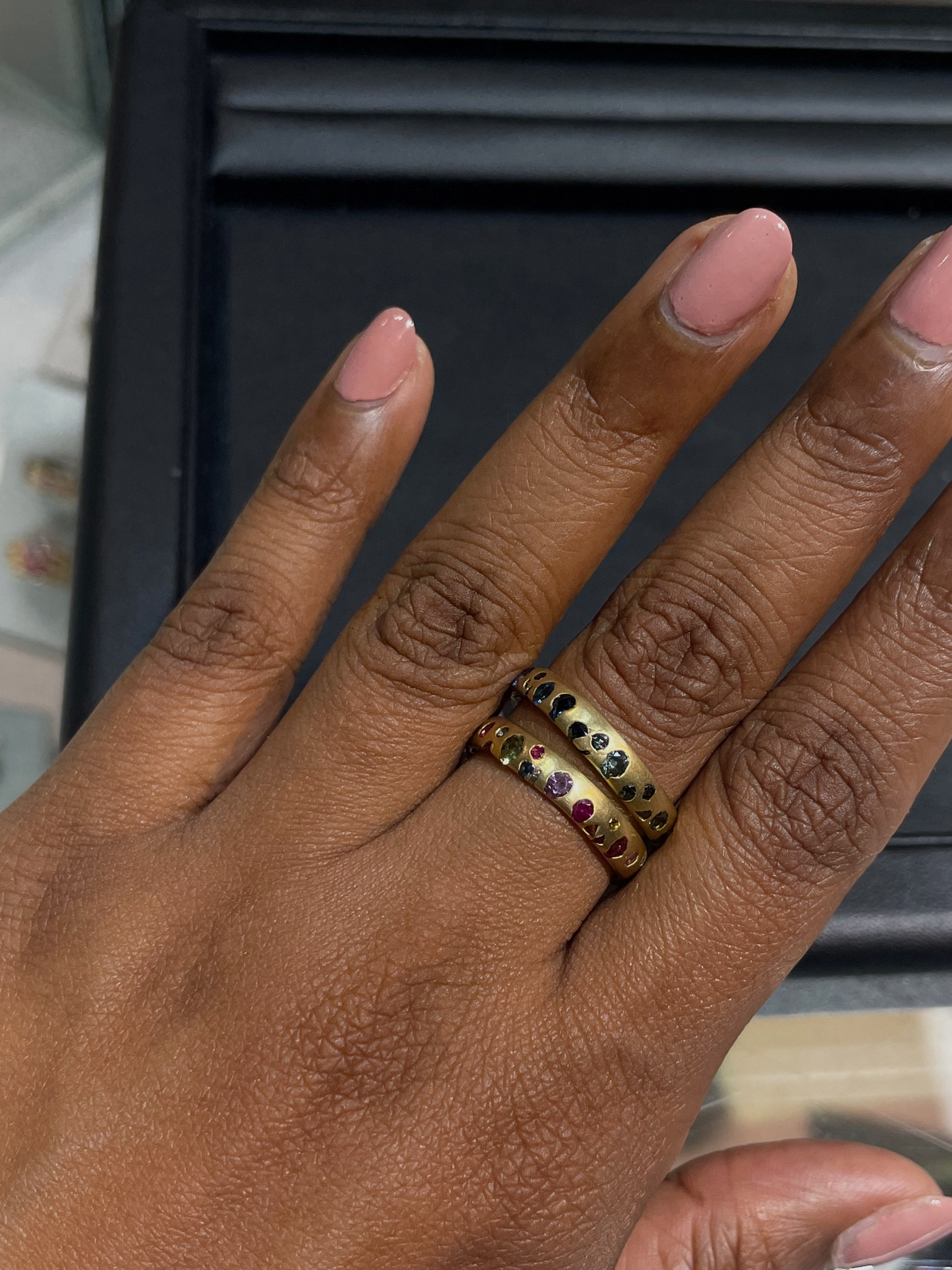 Polly wales 
Colour sapphires 
Solid gold ring 
Sapphire rings
