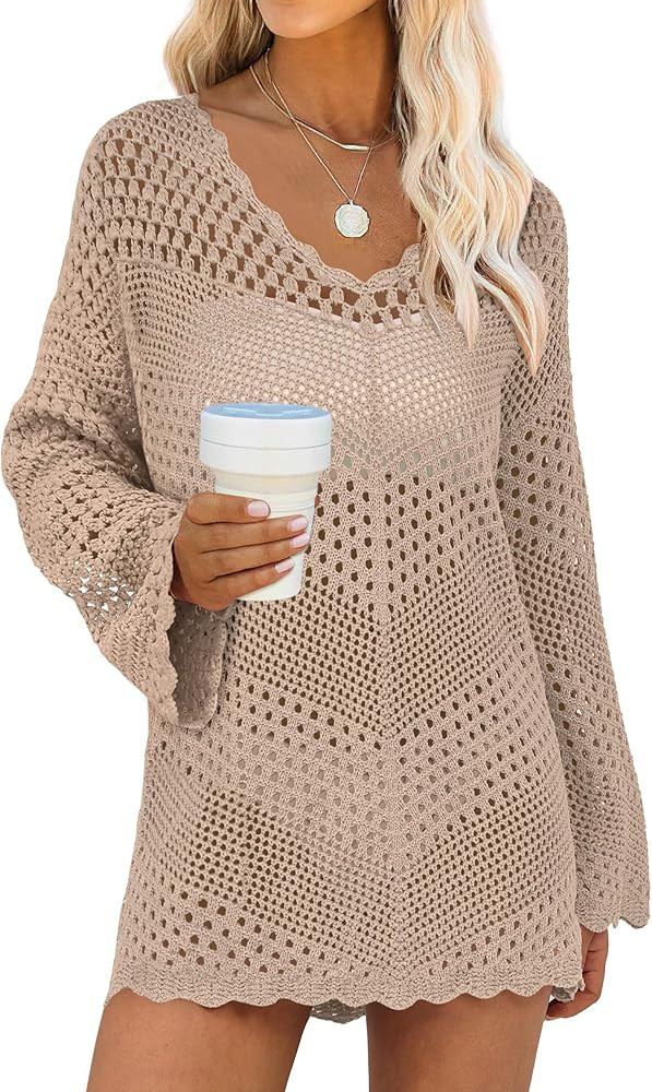 ANRABESS Swimsuit Cover Up for Women Crochet Bathing Suit Summer Swimwear V Neck Mesh Knit Dress ... | Amazon (US)