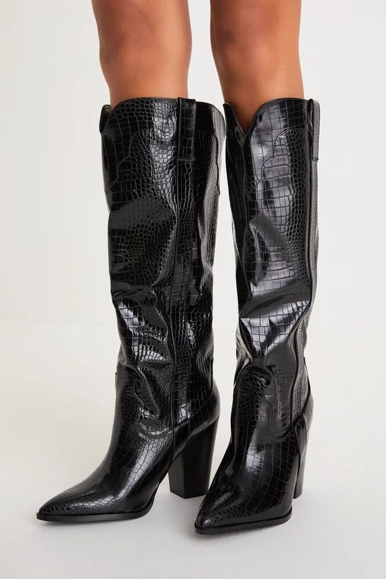 Francoise Black Crocodile-Embossed Knee-High Boots | Lulus (US)