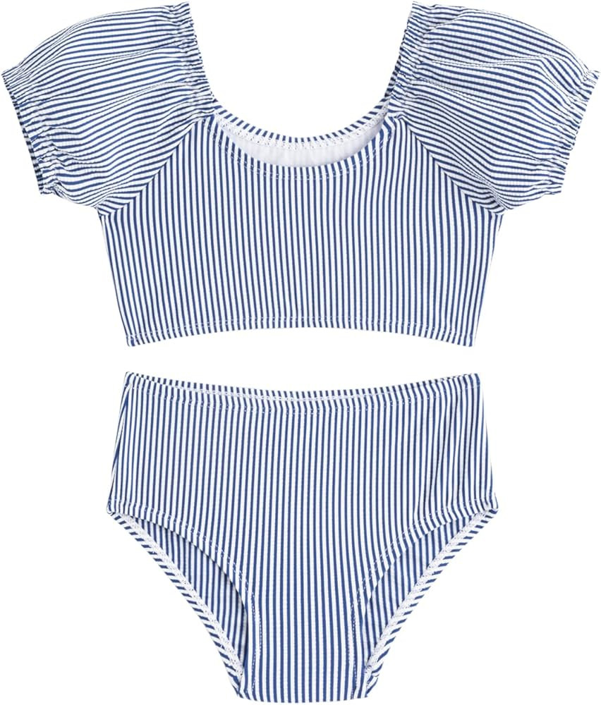 LIZENS Two-Pieces Girls Swimsuit Puff Sleeve Beach Bathing Suit Stripe Bikini Sets | Amazon (US)