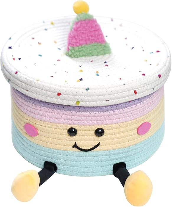 KINGWILLOW Round cotton rope woven storage basket, cartoon storage basket with lid, suitable for ... | Amazon (US)
