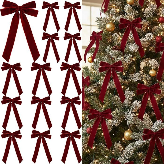 16 Pcs Burgundy Velvet Christmas Tree Bows Decor, Vintage Wreath Bow for Christmas Garland, Gift ... | Amazon (US)
