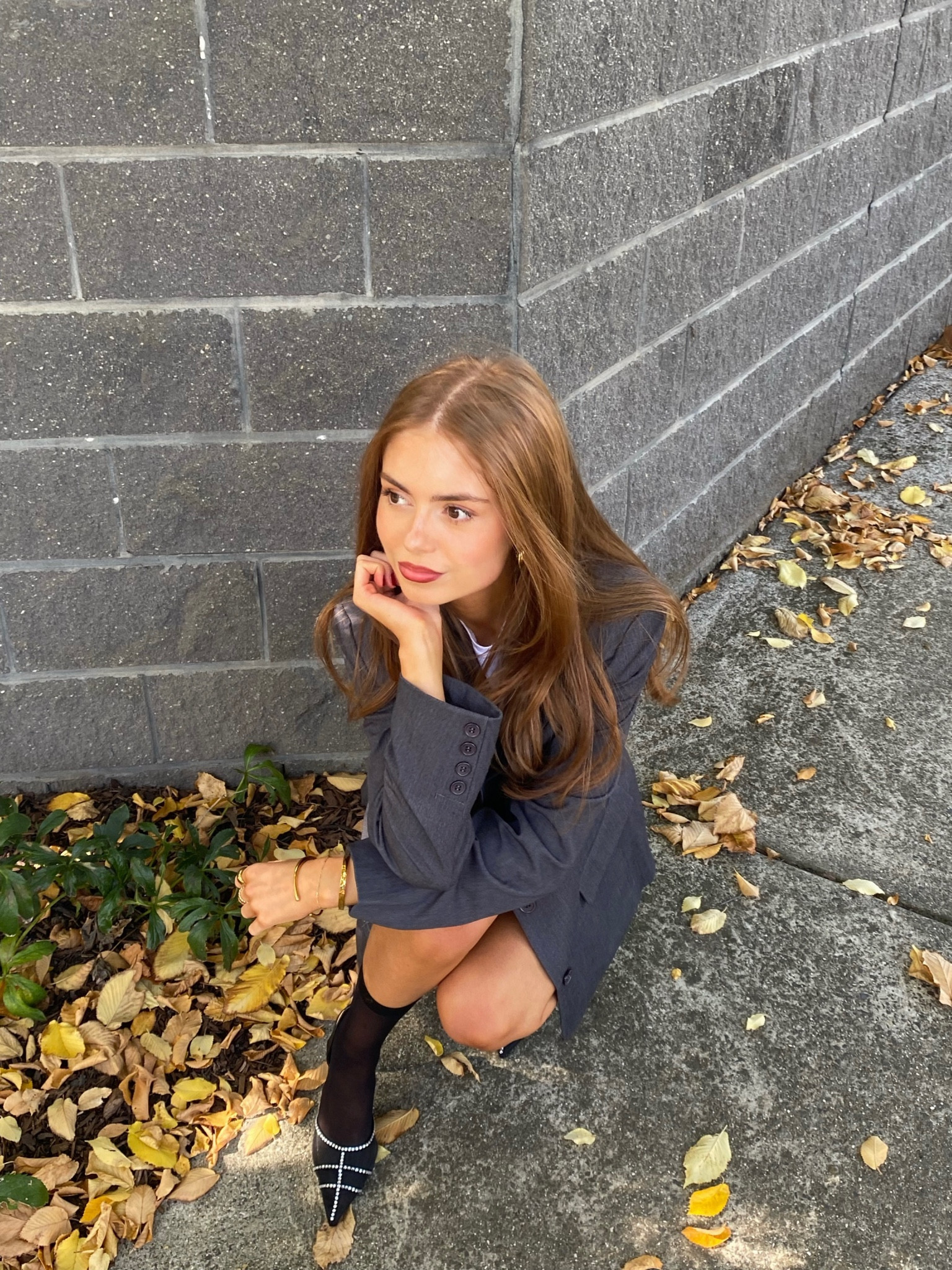 Grey oversized blazer outfit, baby tee realisation par top, black mini skirt outfit, autumn fashion, winter style inspo, black mesh pumps, black diamonte shoes, stocking socks outfit, minimal everyday style, Pinterest style inspiration 

#LTKaustralia #LTKSeasonal