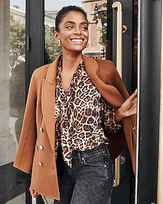 Leopard Print Long Sleeve Tie Neck Portofino Shirt | Express