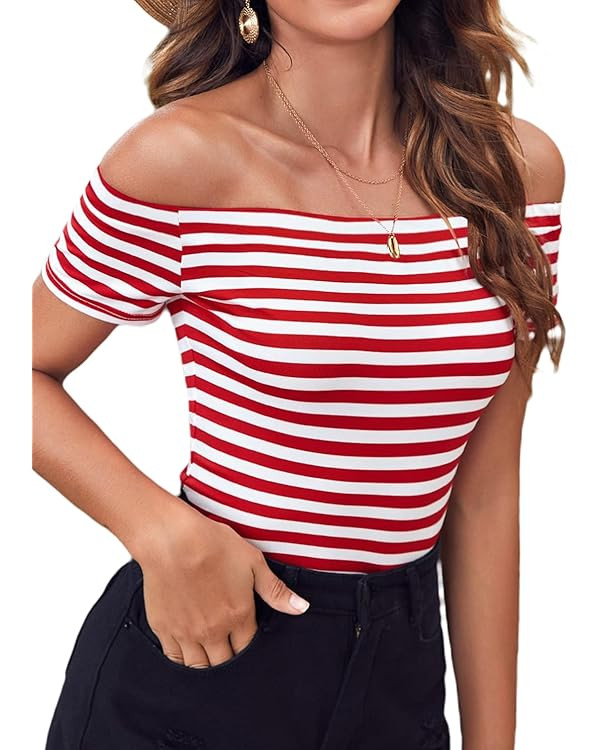 LilyCoco Women's Short Sleeve Vogue Fitted Off Shoulder Shirt Modal Top T-Shirt | Amazon (US)