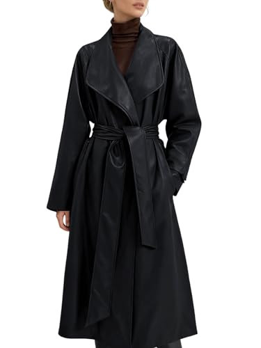 utcoco Womens Faux Leather Classic Lapel Trench Coat Long Leather Blazer Jackets Open Front with Belt (Large, Black) | Amazon (US)