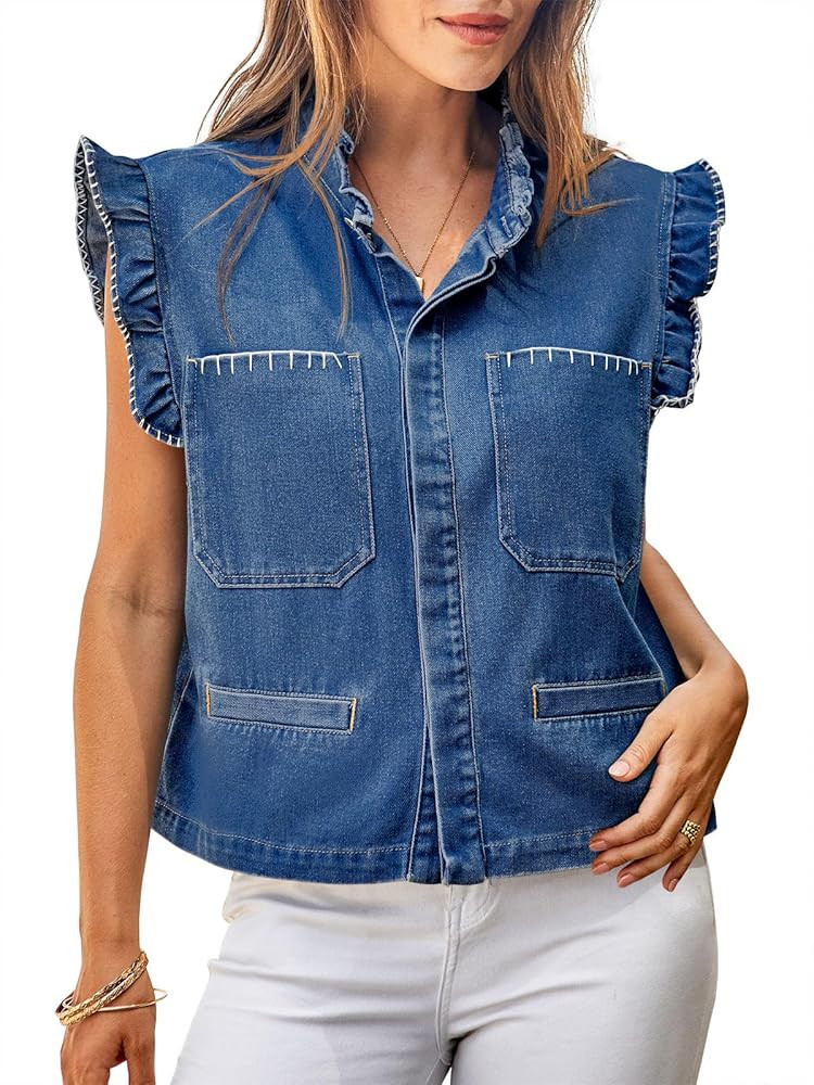 Tankaneo Womens Denim Vest Ruffle Sleeve Summer Causal Cropped Jean Vests Tops Sleeveless Jackets | Amazon (US)