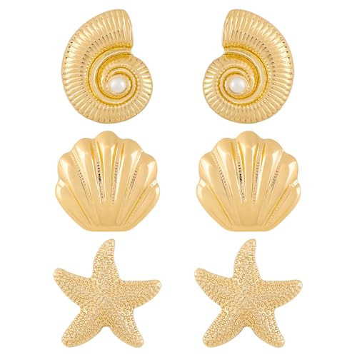 3 Pairs Gold Beach Earrings for Women, 14K Gold Plated Statement Earrings Ocean Jewelry Starfish Conch Seashell Stud Earring Set,Summer Boho Statement Earrings Gifts | Amazon (US)