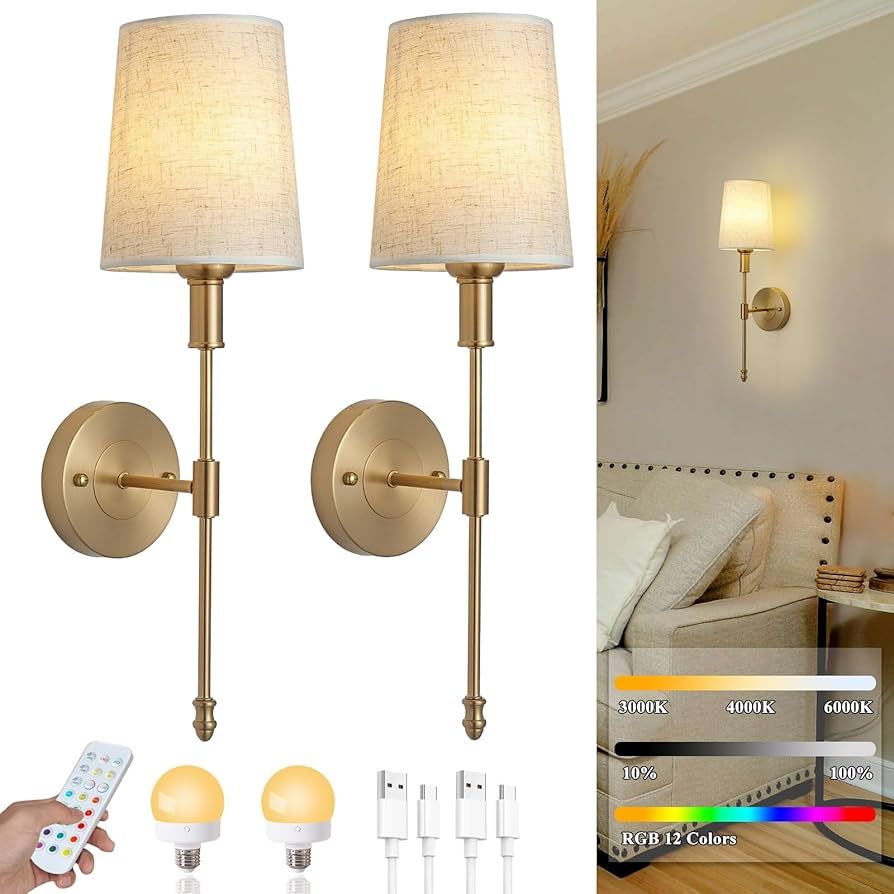 Battery Operated Wall Sconce Set of Two,Gold Modern with Remote Control Rechargeable Dimmable Wal... | Amazon (US)