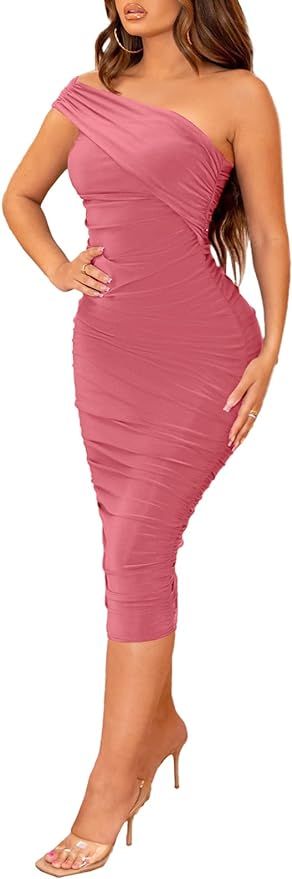 Halfword Sexy One Shoulder Midi Dress for Women Ruched Bodycon Drawstring Night Party Club Cockta... | Amazon (US)