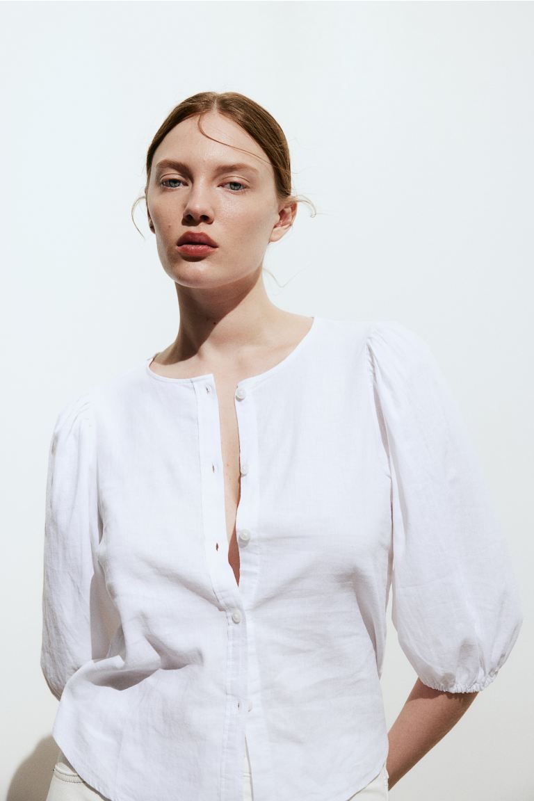 Linen-blend Blouse - White - Ladies | H&M US | H&M (US + CA)