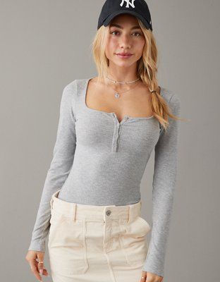 AE Long-Sleeve Scoop Henley Bodysuit | American Eagle Outfitters (US & CA)
