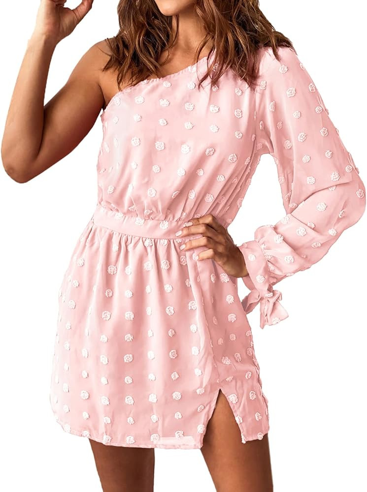 BTFBM Women One Shoulder Long Sleeve Casual Dresses Cute Swiss Dot Soft High Waist Side Split Flowy  | Amazon (US)