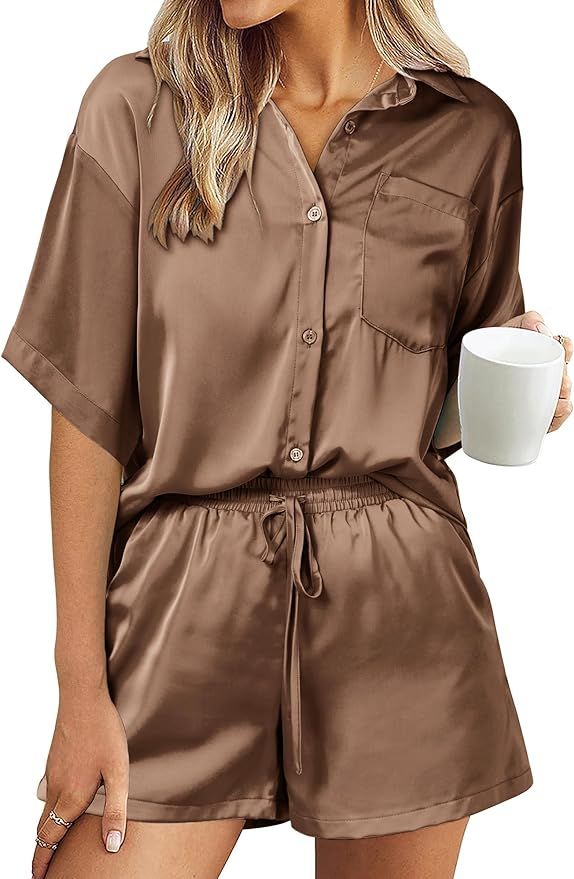 PRETTYGARDEN Women's 2 Piece Satin Pajama Sets Short Sleeve Button Down Tops And Shorts Set 2024 ... | Amazon (US)
