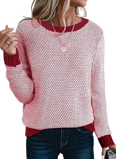 Sidefeel Women's Long Sleeve Pullover Sweaters Casual Crewneck Chunky Knit Color Block Jumper Top... | Amazon (US)