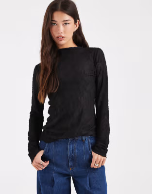 Vero Moda sheer floral burnout long sleeve top in black | ASOS (Global)