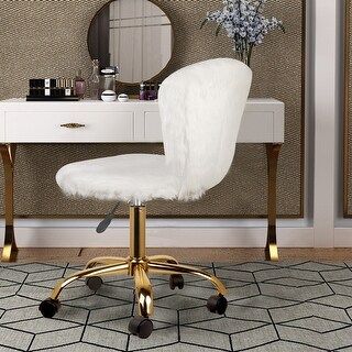 Fakefur Makeup/Vanity Chair Golden Leg - Mid-Back Dressing Chair - Adjustable and Swivel Desk Cha... | Bed Bath & Beyond
