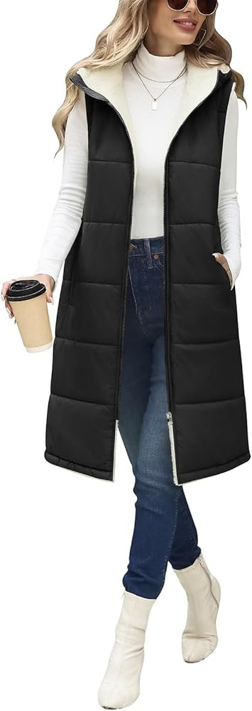 Womens Long Fleece Vest Sleeveless Zip Vest Sherpa Quilted Jacket Trendy Warm Fall Winter Coat Ou... | Amazon (US)