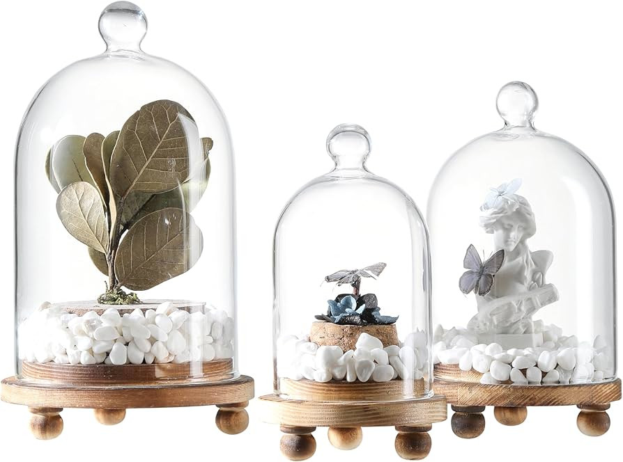 KMwares 3pcs Glass Bell Shape Dome | Cloche Display various decor and accessories with Wood Base ... | Amazon (US)