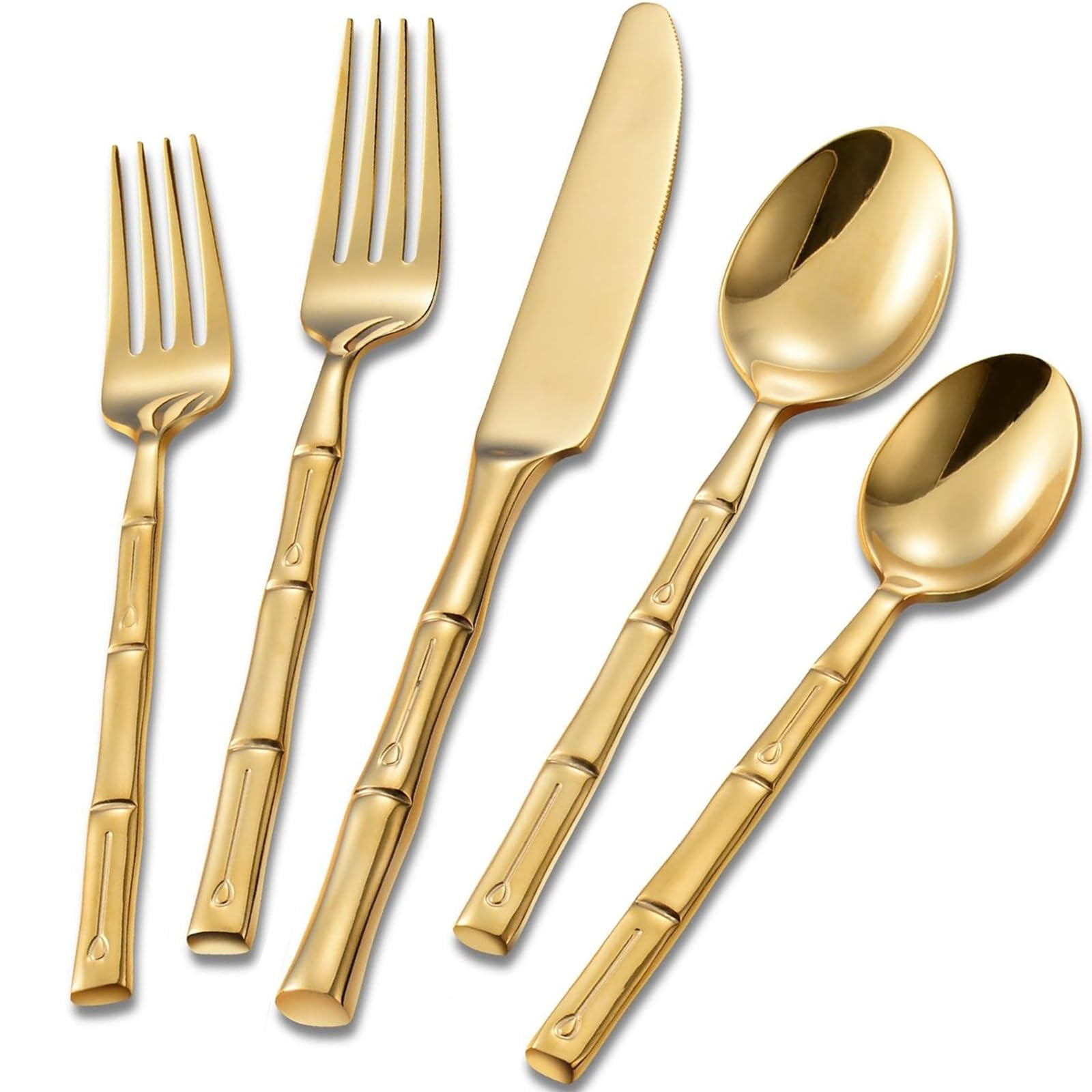 Amazon.com | QUEARI Gold 20-Piece Silverware Set, Bamboo Pattern Stainless Steel Flatware Set, Cu... | Amazon (US)