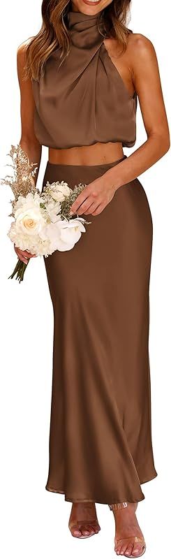 PRETTYGARDEN Women's 2 Piece Satin Outfits Summer Sleeveless Mock Neck Crop Tops And Long Skirt Dres | Amazon (US)