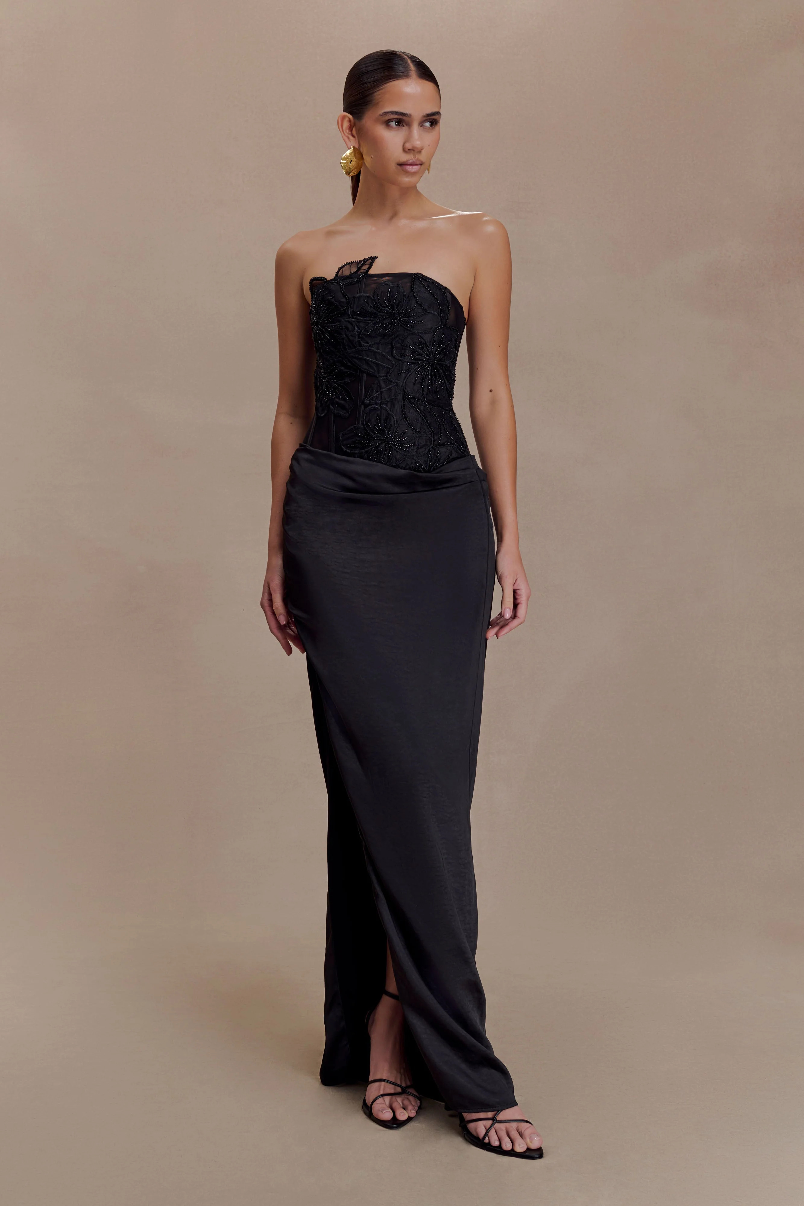 Floral Mesh And Satin Maxi Dress - Black | MESHKI US