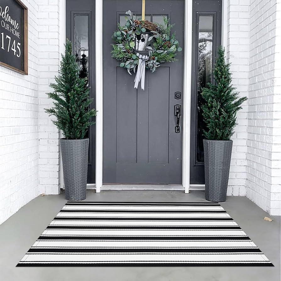 KIMODE Black and White Outdoor Rug 3'x 5',Washable Reversible Striped Outdoor Patio Rugs,Cotton H... | Amazon (US)
