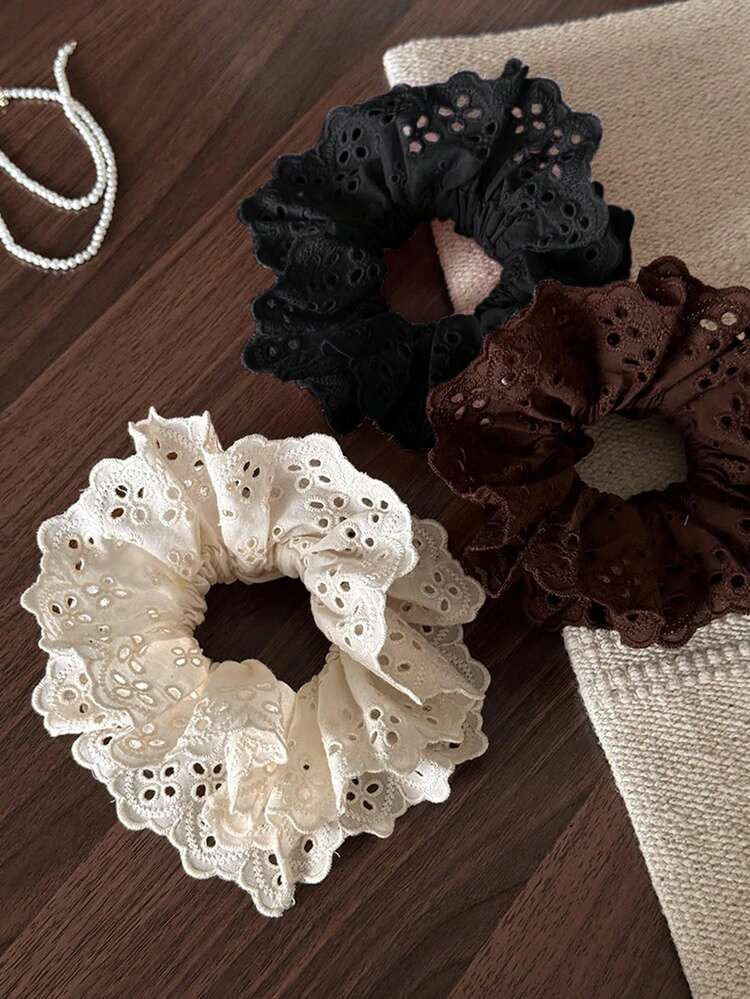3pcs/1pc Women 10cm/3.94in Black/White/Brown High-End Lace Hollow Hair Scrunchies Fashion Simple Hair Ties Daily Casual Party Beach Wash Face Ponytail Outfit Matching Scrunchy Hair Ties Head Accessories Elastic Band Beauty | SHEIN