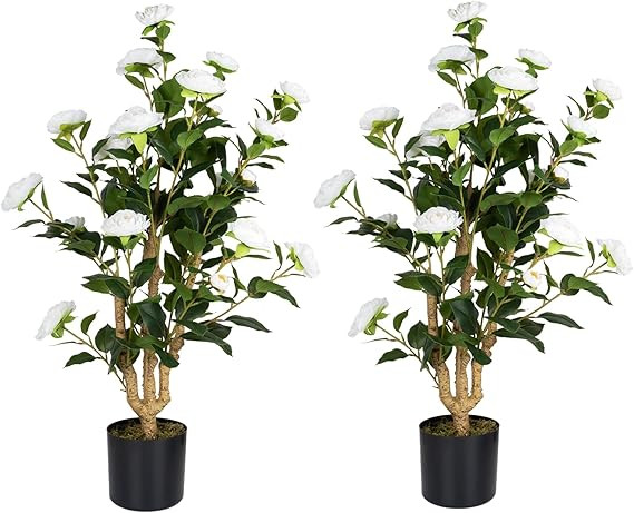 Artificial Camellia Tree 2 Pack, 38’’ Faux Camellia Plant in Pot with White Flowers, Greenery... | Amazon (US)
