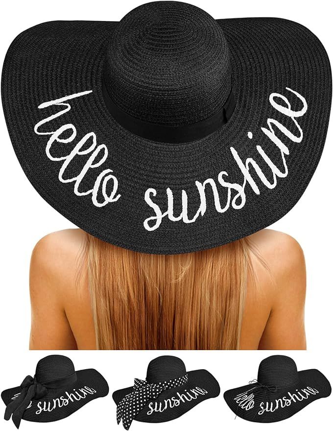 Beach Hats for Women - Foldable Straw Hat Embroidered Wide Brim Floppy Sun Hat UPF 50+, Honeymoon... | Amazon (US)