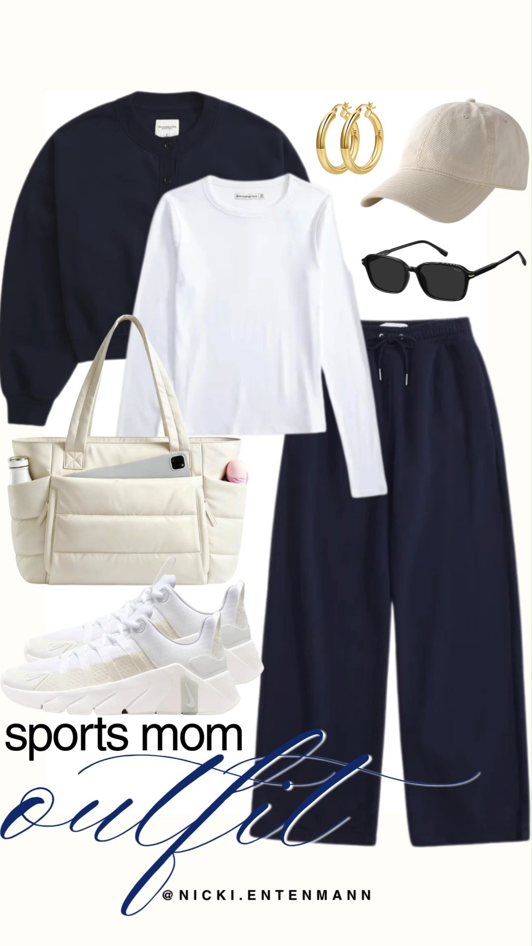 Stay comfortable and polished on the sidelines with this preppy sports mom outfit edit. Relaxed navy wide-leg sweatpants team effortlessly with a crisp white long-sleeve tee, layered under a matching deep navy crewneck sweatshirt for chilly fall game days. Fresh white sneakers, a functional cream tote bag, a beige baseball cap, gold hoop earrings, and sleek black sunglasses complete this cozy, on-the-go style.

#sportsmom #momstyle #fallfashion #athleisure #sidelinestyle #preppycasual #everydayoutfit 

 #LTKootd #LTKmomlife #LTKSaleAlert
