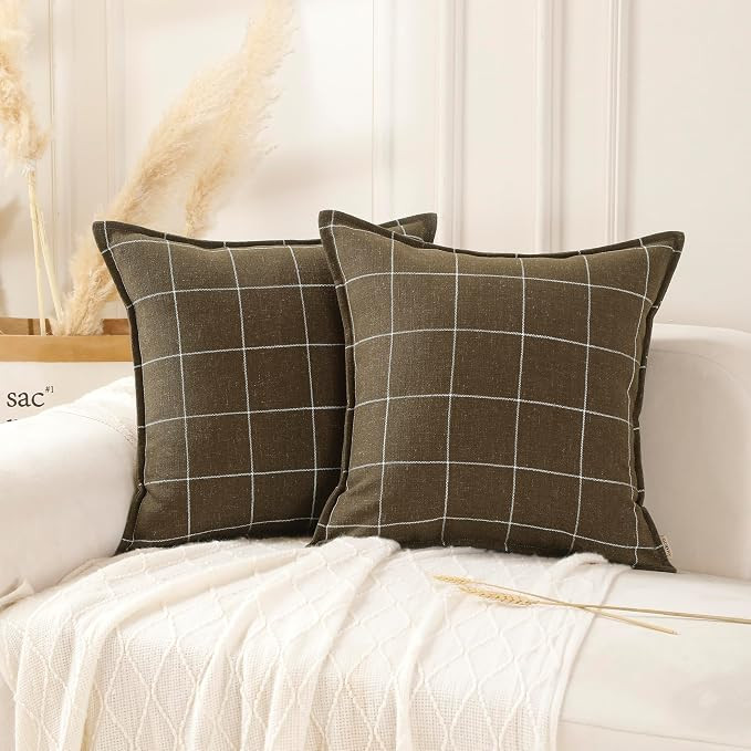 18x18 Inches Off Khaki Color Large Grid Pressure Line Linen Pillow Cover Classic Hemmed Edge Desi... | Amazon (US)