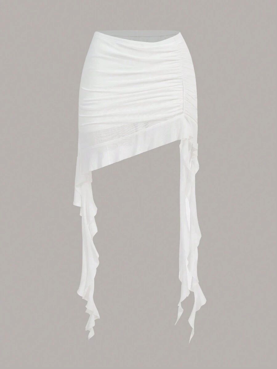 SHEIN ICON Solid Asymmetrical Ruched Ruffle Hem Skirt | SHEIN