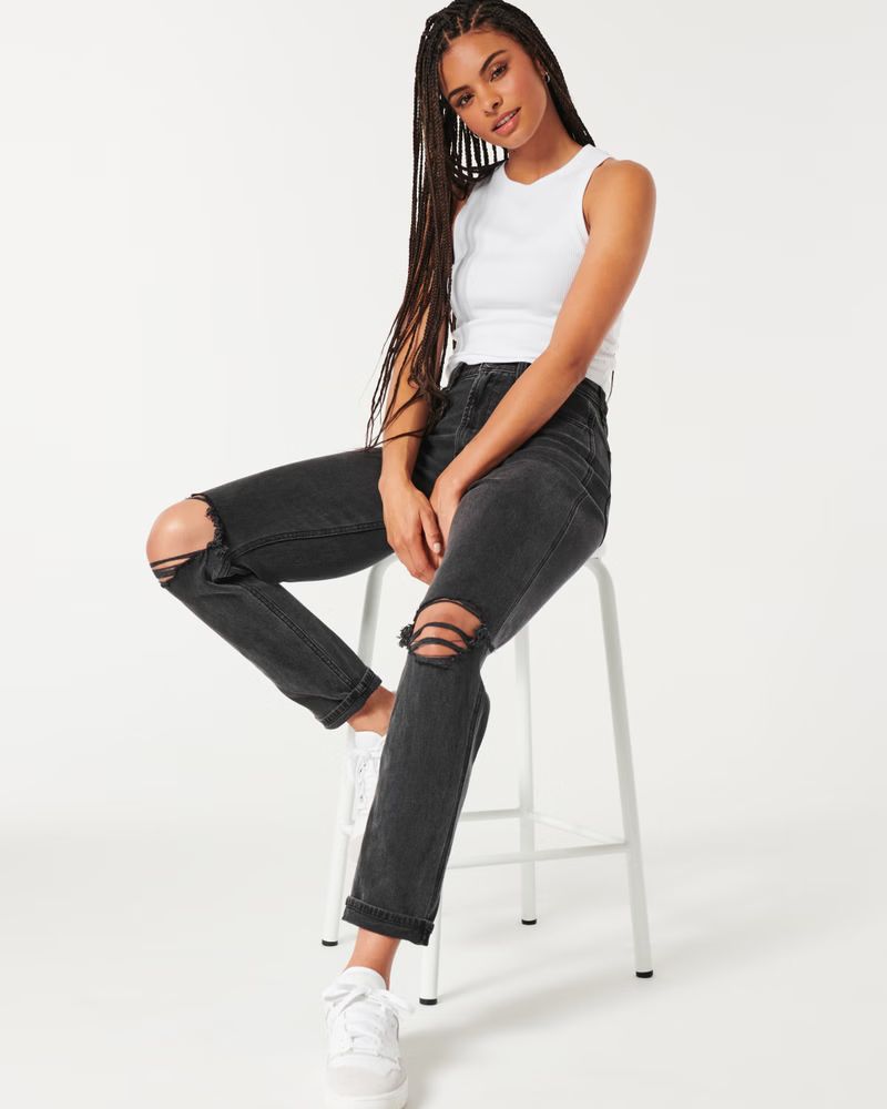 Ultra High-Rise Ripped Washed Black Mom Jeans | Hollister (US)