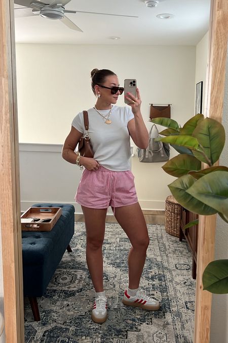 3/24/24 Casual boxer shorts ootd 🫶🏼 pink striped boxer shorts, boxer shorts outfit, spring fashion trends, spring outfits, Adidas sambae sneakers, red Adidas sneakers, Adidas sneakers outfits, casual spring outfits 
