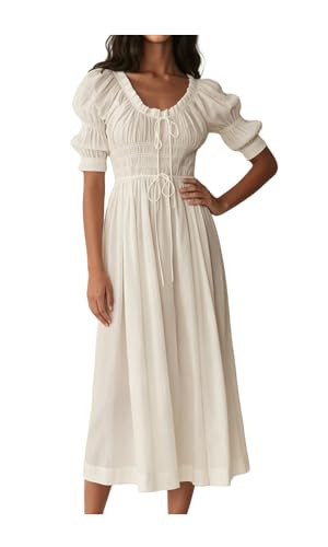 Womens Summer Casual Cotton Puff Half Sleeve Midi Dress Ruffle Smocked Flowy Long Dress for Boho ... | Amazon (US)