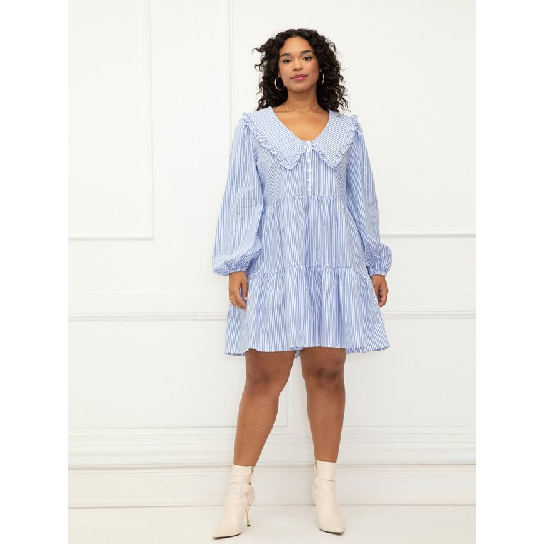 ELOQUII Elements Women's Plus Size Tiered Dress With Collar - Walmart.com | Walmart (US)