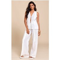 White WideLeg Linen Look Drawstring Pants | PrettyLittleThing US