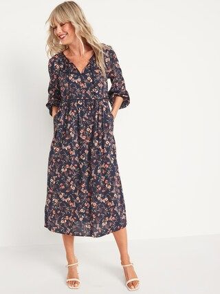 Puff-Sleeved Floral-Print Midi Poet Swing Dress for Women | Old Navy (US)